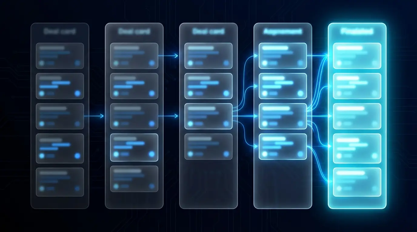 CRM pipeline with deal stages progressing to closed won